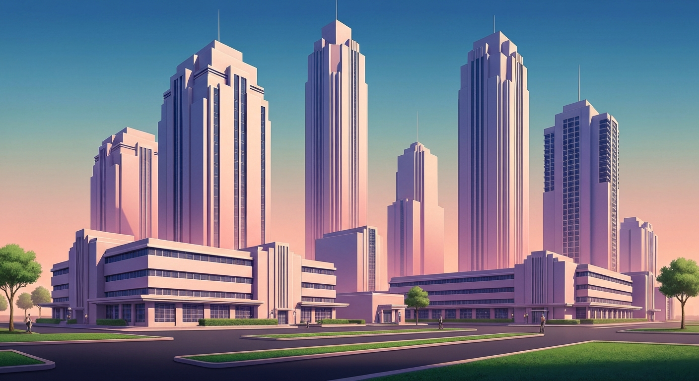 A bold, geometric illustration in the Art Deco style, featuring towering, streamlined buildings and sweeping architectural forms, conceptually representing the grand scale and modern design of the Barretts Travel Center development.