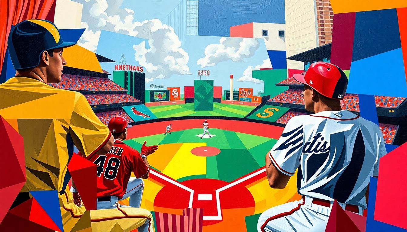 A cubist, geometric painting depicting a baseball game, with fragmented shapes and overlapping planes in the team colors of the Guardians and Cardinals, capturing the chaotic energy of the game's key plays at home plate.
