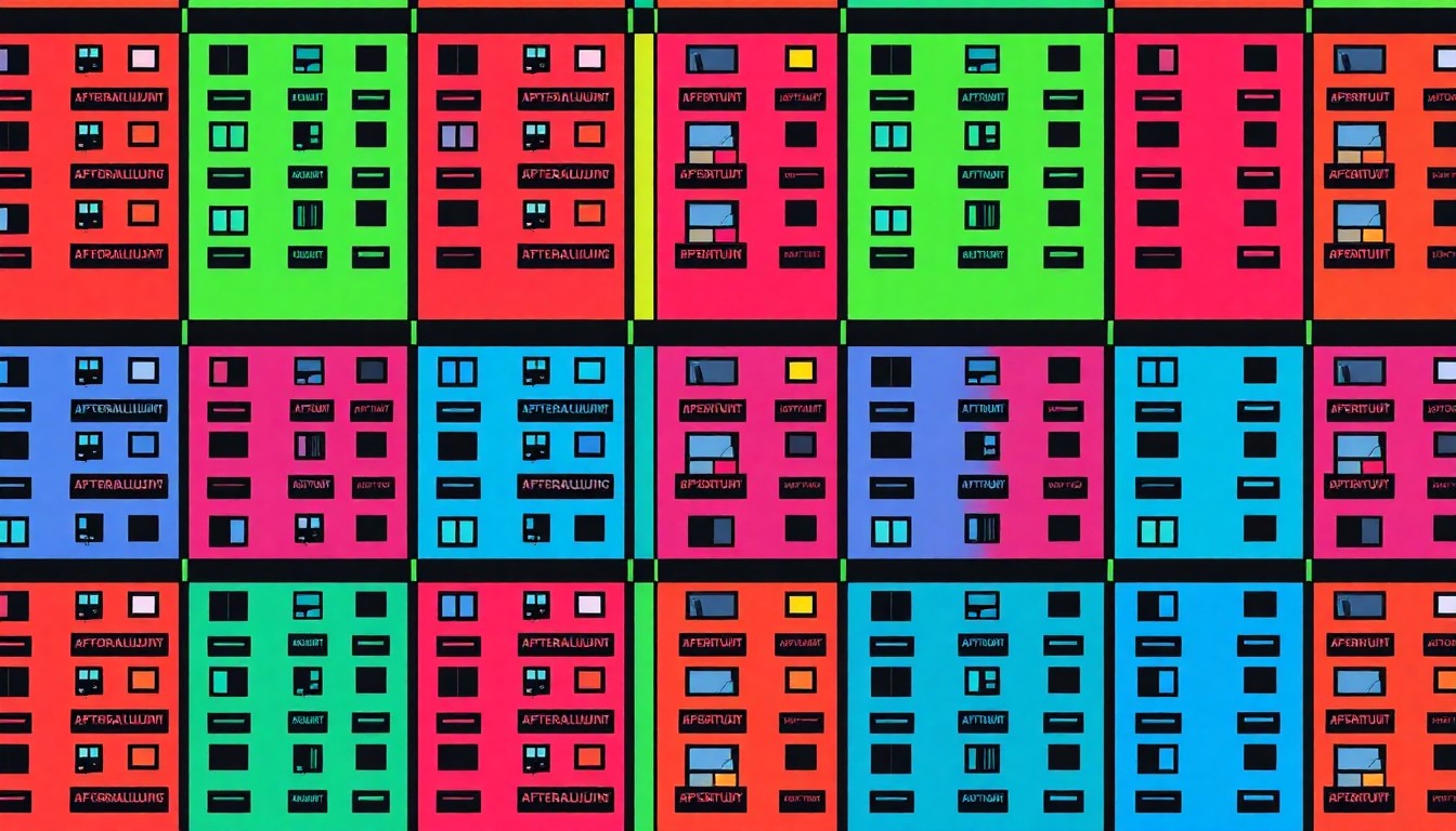 A visually striking, abstract grid of brightly colored, silkscreen-style apartment building icons in shades of orange, pink, and blue, conceptually representing the affordable housing units being built through the new county agency.