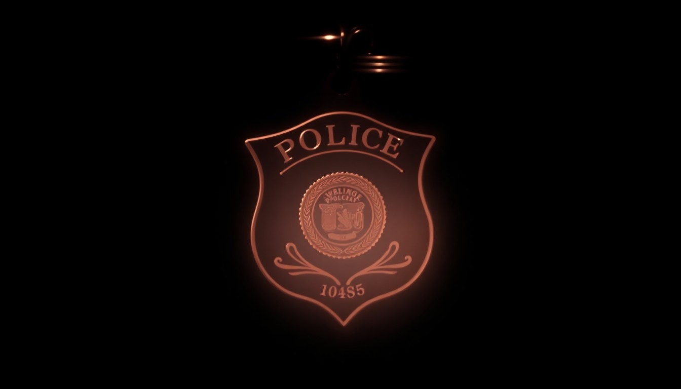 An extreme close-up photograph of a police badge or handcuffs, lit by a harsh, direct camera flash against a pitch-black background, creating a stark, gritty, investigative aesthetic.