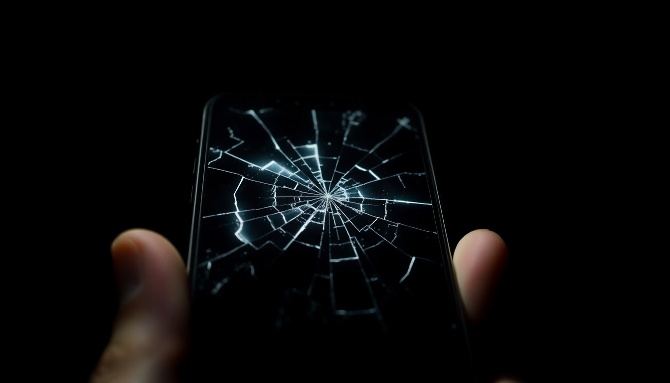 An extreme close-up of a cracked and damaged cell phone screen, lit by a harsh, direct camera flash against a pitch-black background, conveying a sense of the stark, gritty, and investigative nature of this unsolved crime.