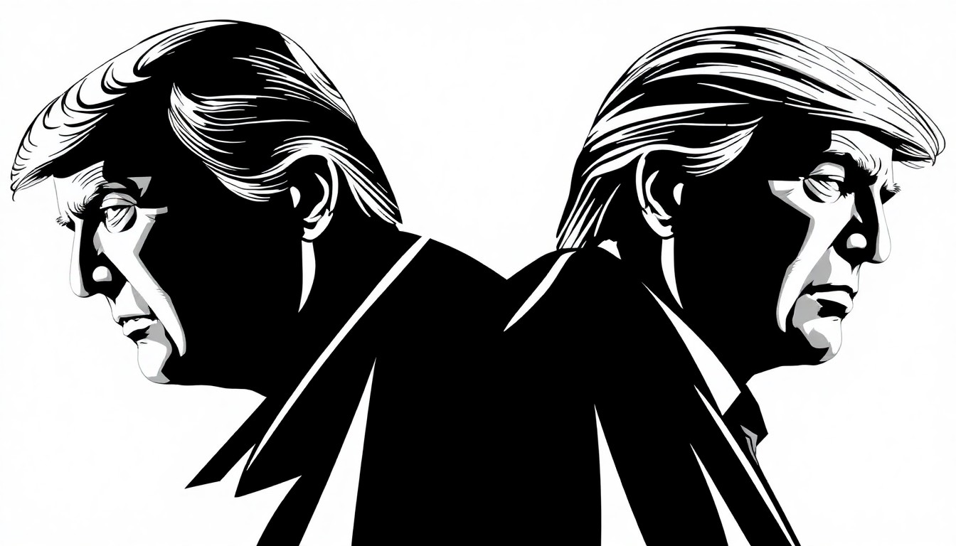 A minimalist black and white illustration featuring sharp, angular geometric shapes arranged in a striking, conceptual composition, conveying a sense of tension and opposition without depicting any specific people or places.