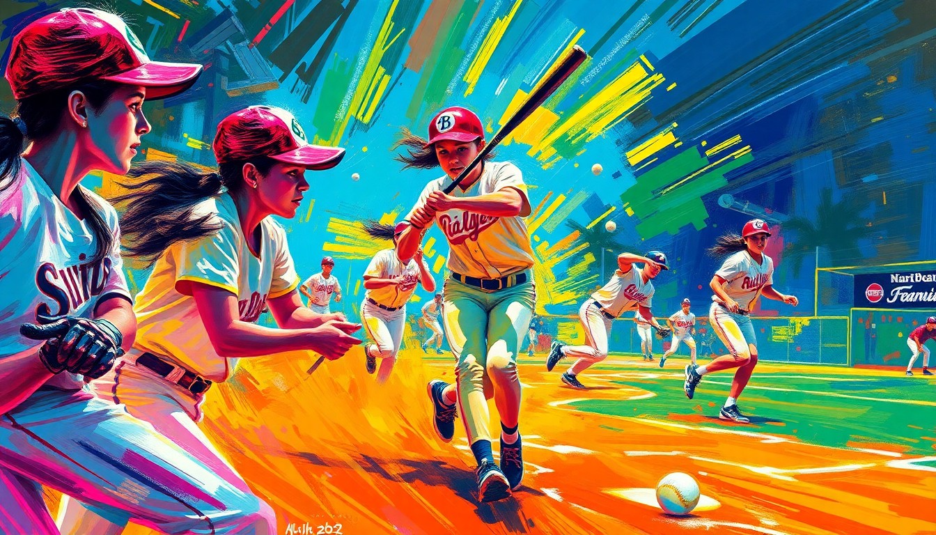 An abstract, energetic painting in bright neon colors, with expressive brushstrokes capturing the dynamic motion and raw athleticism of a girls' baseball game, the players' faces and uniforms dissolving into a blur of movement.