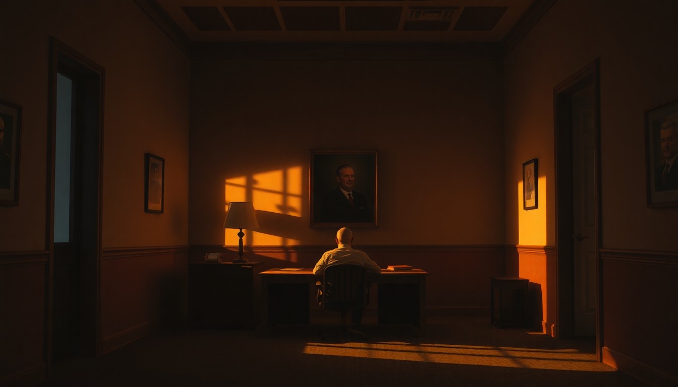 A solitary veteran sits alone in a dimly lit government office, the scene bathed in warm, cinematic light and deep shadows, capturing the quiet contemplation and uncertainty of navigating the VA claims process.