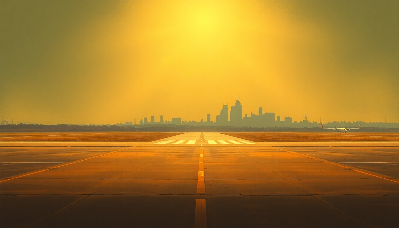 A serene, cinematic painting of an empty runway at Burke Lakefront Airport, with the city skyline visible in the distance. Warm, muted tones and deep shadows create a contemplative, nostalgic mood, reflecting the ongoing debate over the airport's future.