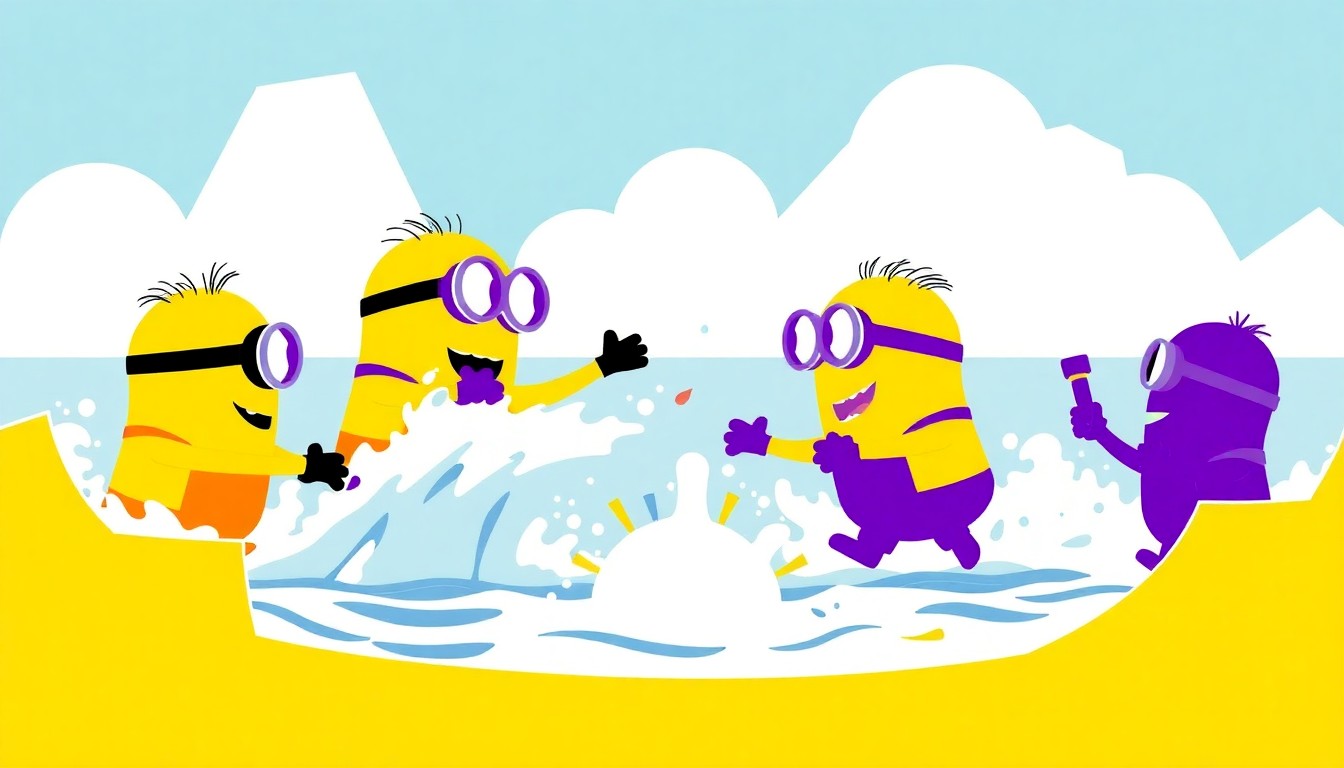 An abstract, minimalist illustration featuring jagged, overlapping geometric shapes in bright yellow, purple, and white, conceptually representing the water battle between Minions at the Bello Bay Club themed land.