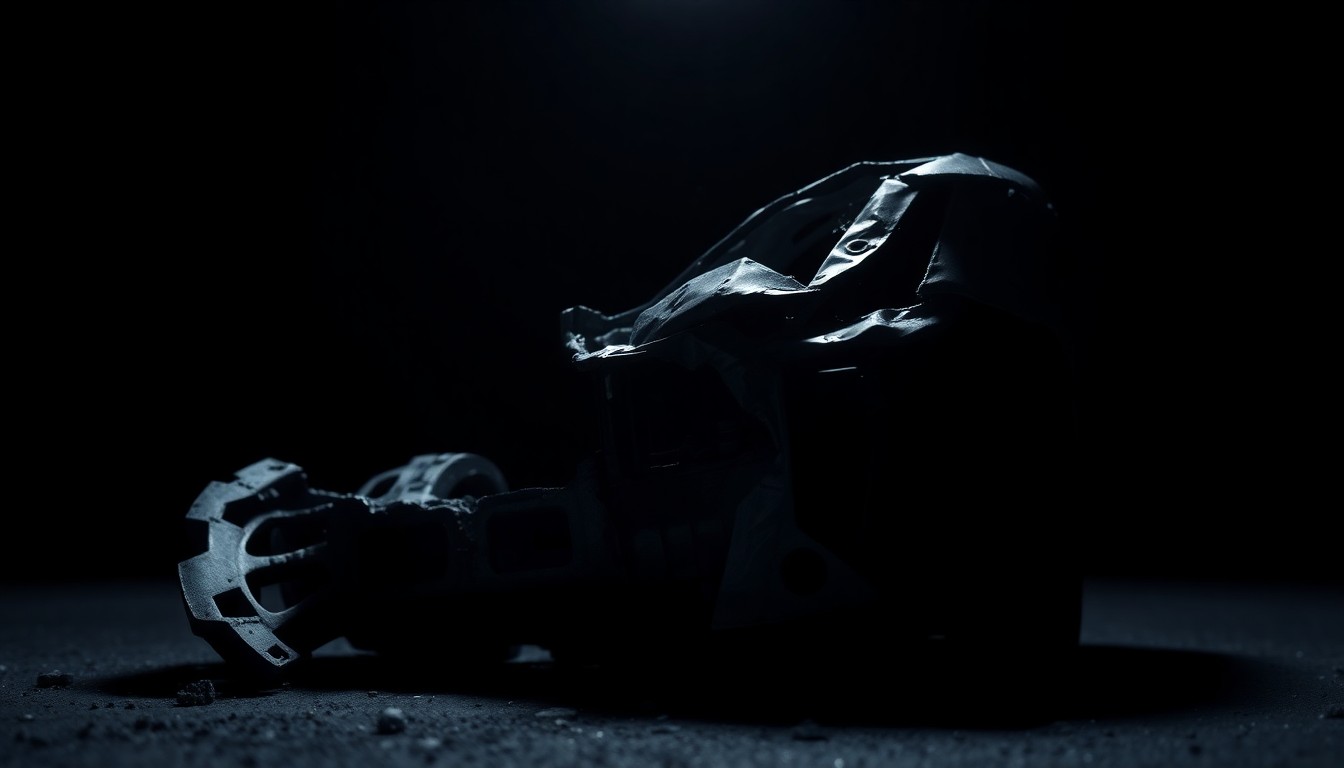 An extreme close-up of a twisted, mangled metal car part from the crash scene, conveying the force of the impact in a stark, gritty visual style.