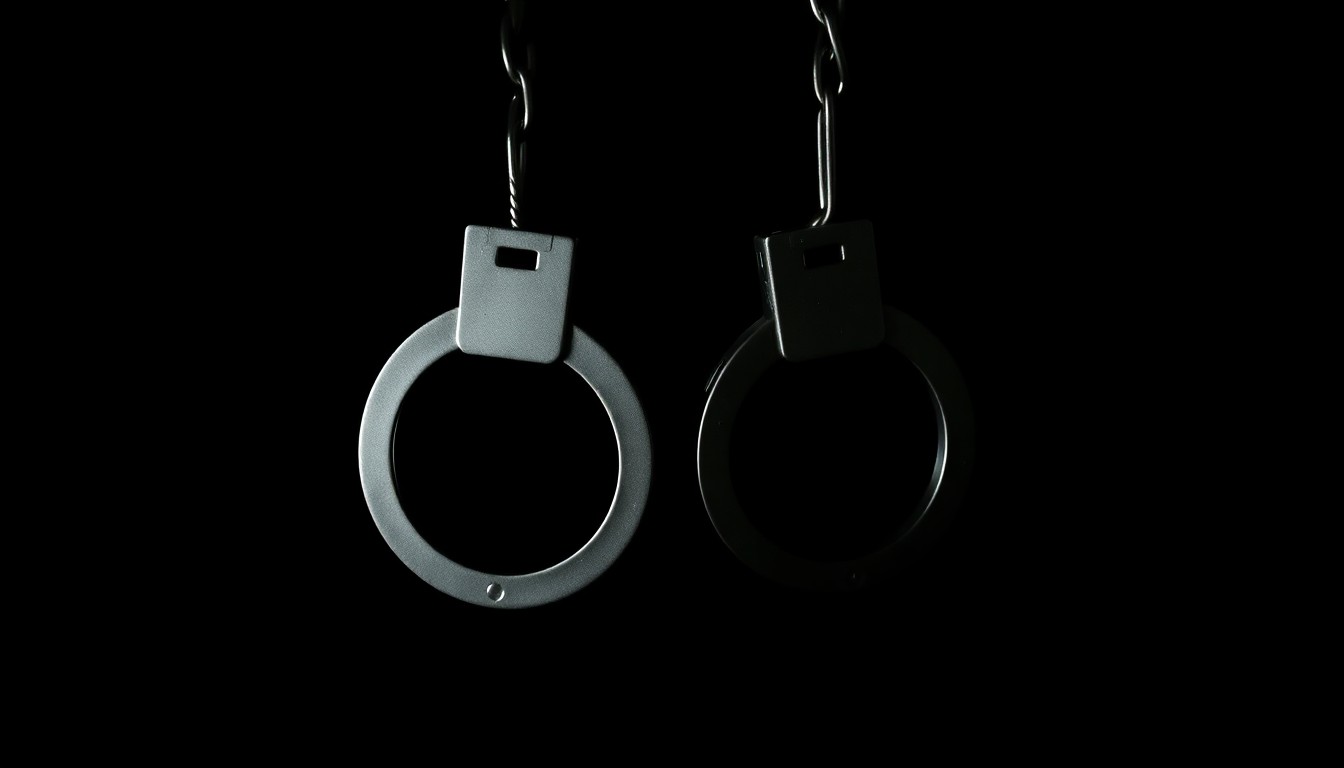 An extreme close-up photograph of a pair of handcuffs, the metal reflecting a bright flash of light against a dark background, conveying a sense of the serious, investigative nature of the crimes reported in the Perry Police log.