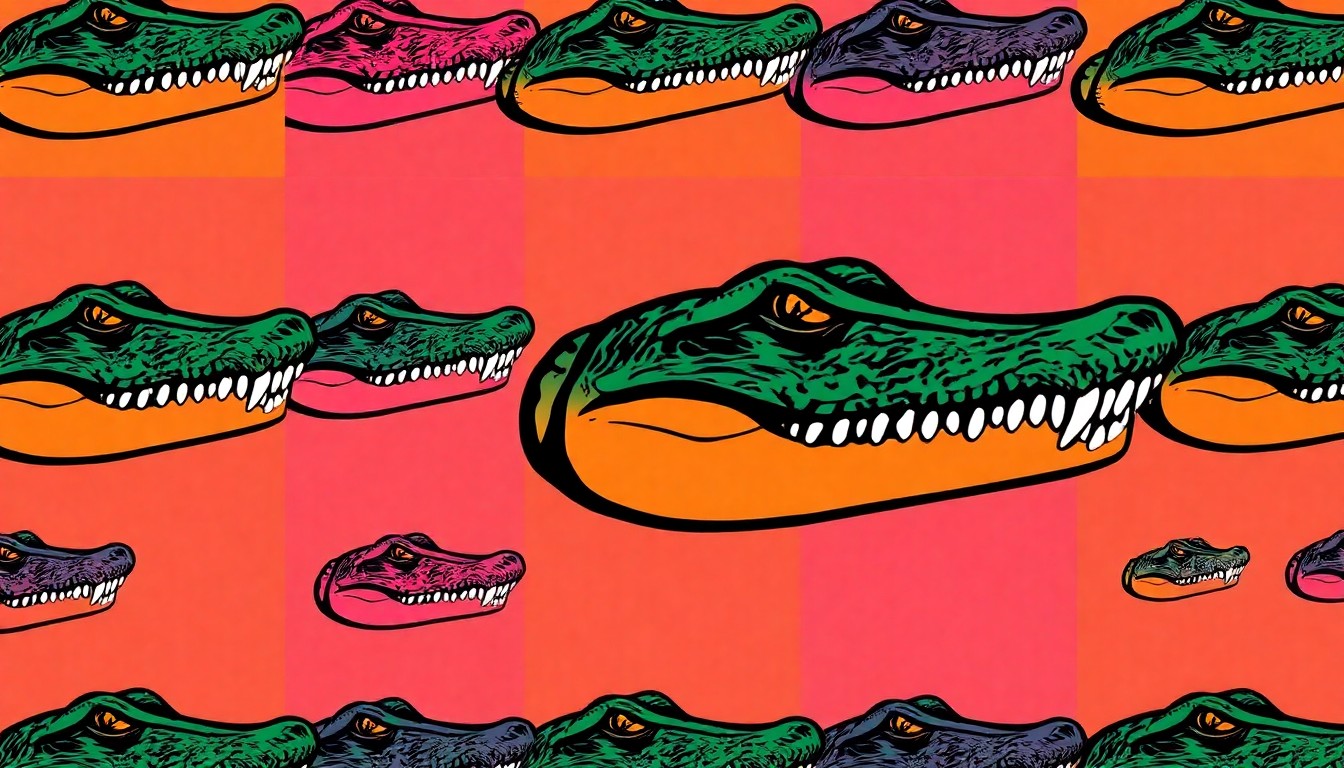 A bold, colorful silkscreen print featuring a repeated alligator head icon in vibrant neon hues, conceptually representing the push for expanded alligator hunting in Louisiana.