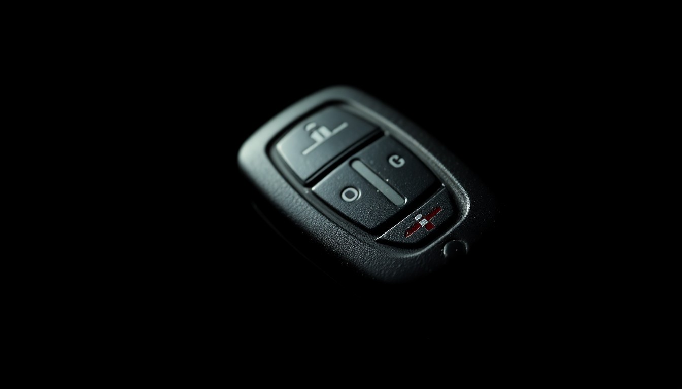 An extreme close-up photograph of a scratched and worn car key fob against a pitch-black background, conceptually representing the aftermath of a vehicle theft or hijacking.