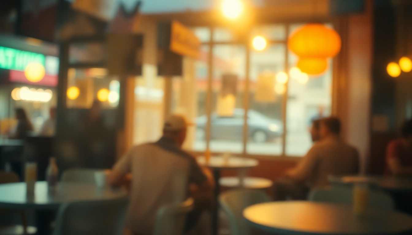 An extremely blurred, out-of-focus photograph showing the soft, hazy silhouettes of people and objects in a cozy cafe setting, with muted tones of yellow, orange, and green creating a dreamlike, atmospheric mood.