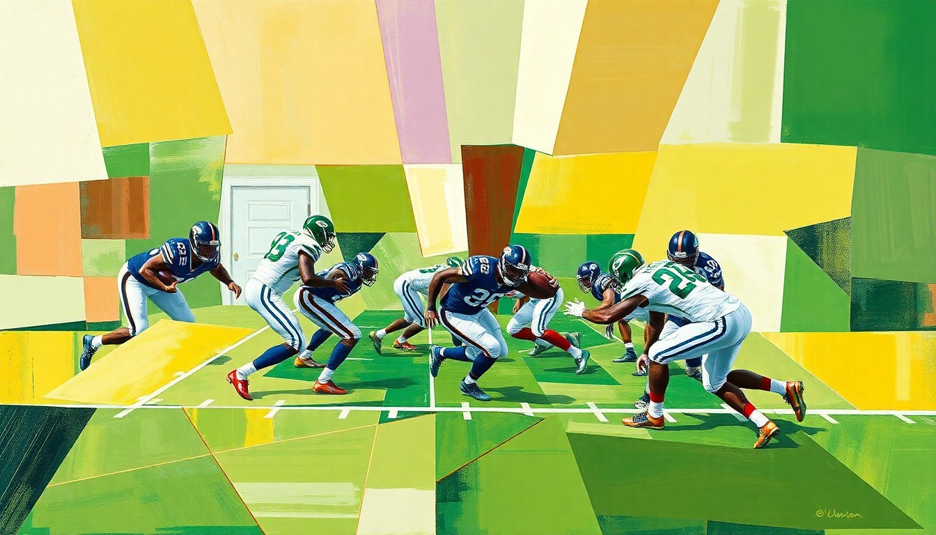 A fragmented, geometric painting depicting the powerful movements and collisions of a defensive line, with Dexter Lawrence's form broken down into sharp, overlapping planes of color and shape.