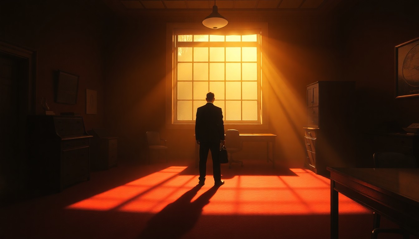 A dimly lit, cinematic painting of a lone figure sitting at a desk in a political office, with warm sunlight streaming in through the window and creating deep shadows across the room, capturing a sense of solitude and contemplation.