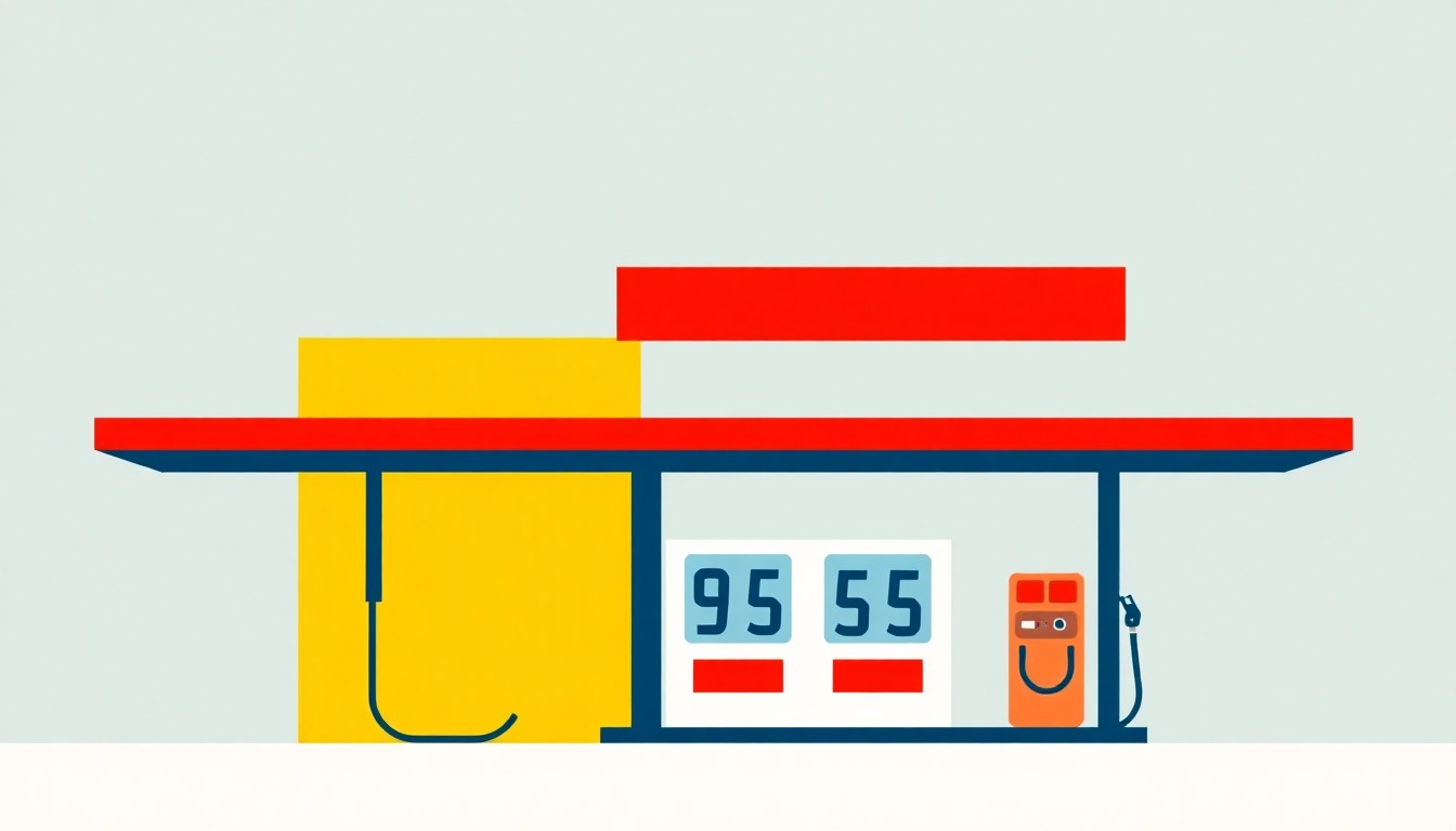 A vibrant abstract composition using overlapping triangles and circles in shades of red, blue, and yellow to conceptually represent the volatility and upward trend of gas prices in Utah.
