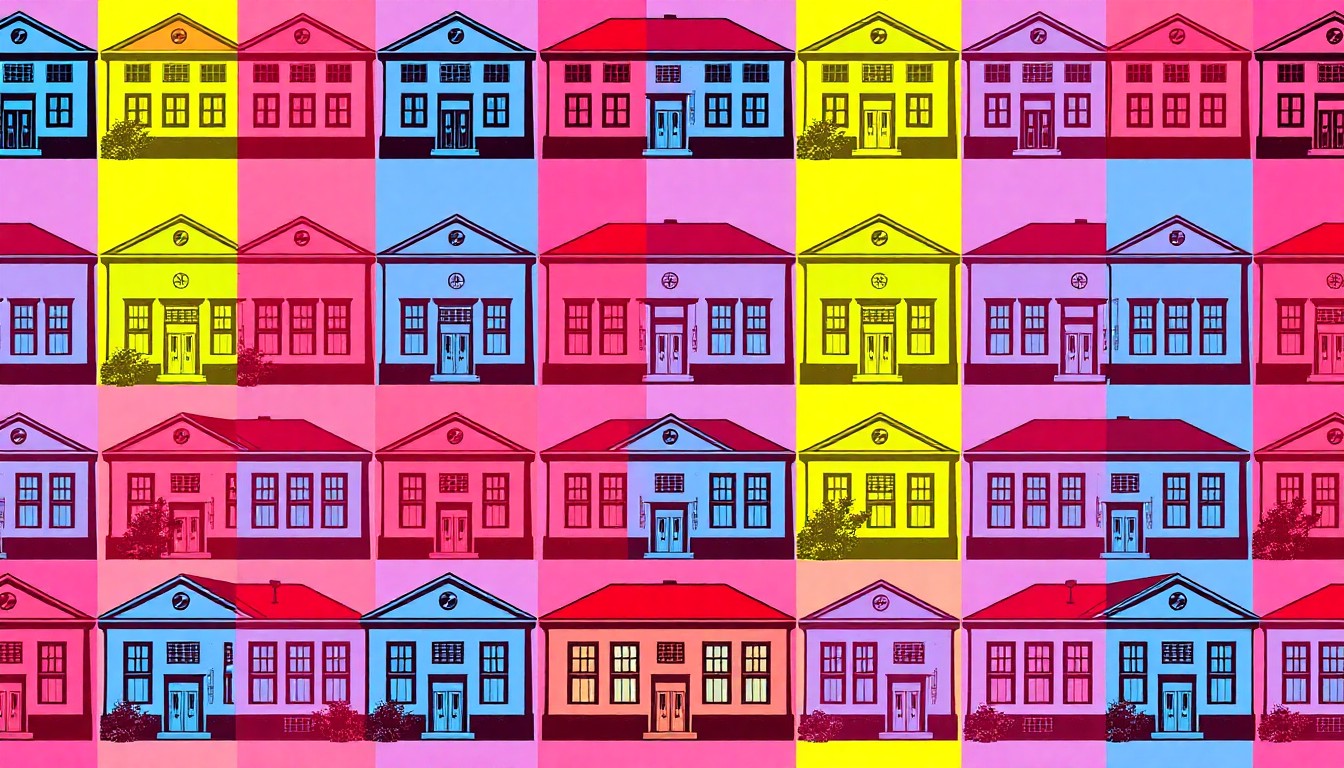 A brightly colored, abstract silkscreen illustration of a stylized school building icon repeated in a grid pattern, conveying the energy and transition of leadership changes in the district.