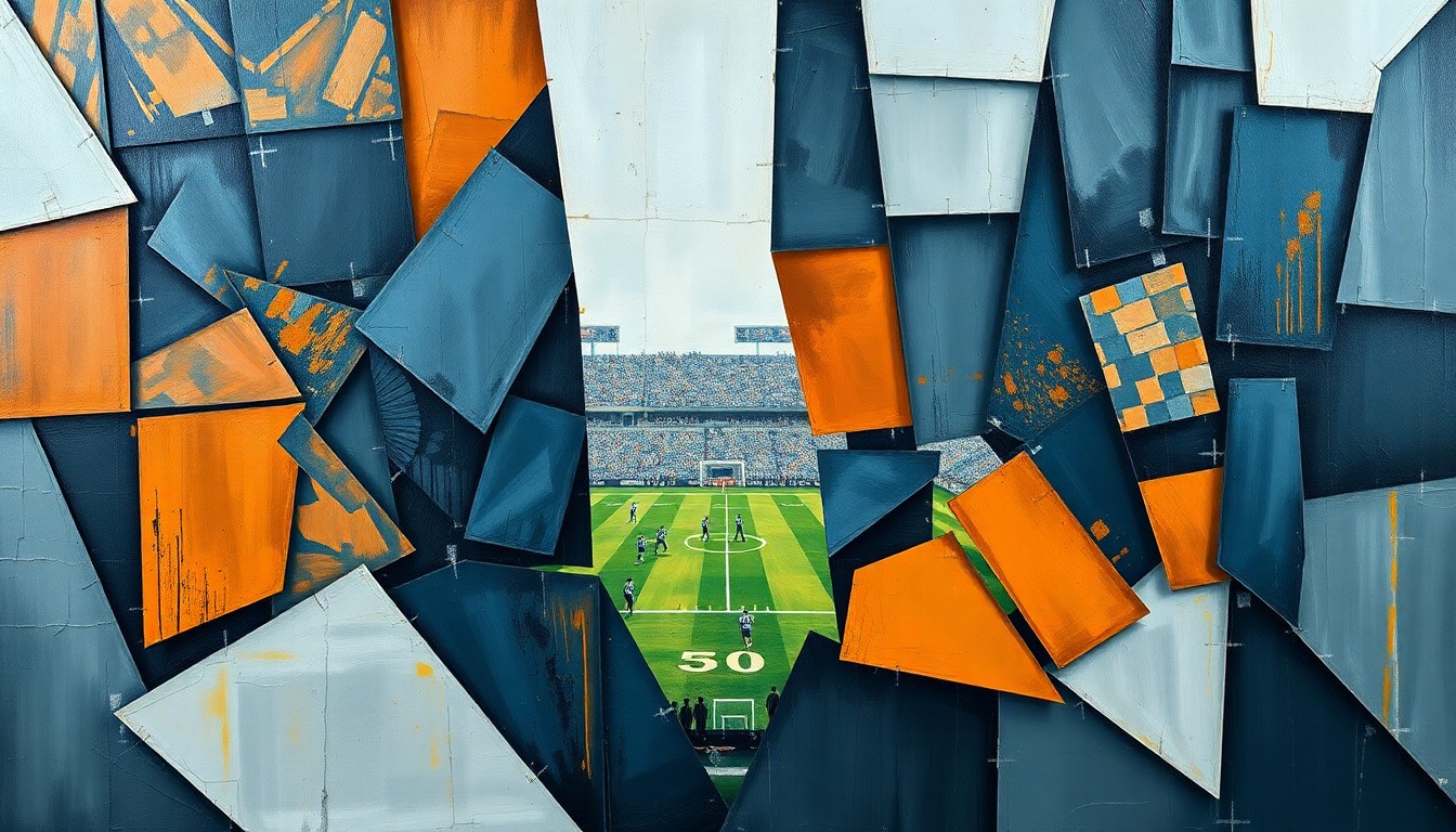 A cubist, geometric painting depicting a fragmented football game, with sharp planes of steel blue, pewter, and burnt orange colors overlapping to create a sense of motion and energy.