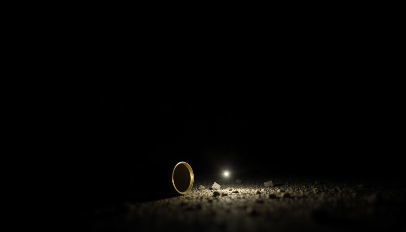 An extreme close-up of a single spent shell casing on the ground, capturing the stark, gritty aftermath of a violent incident through dramatic lighting and a minimalist composition.