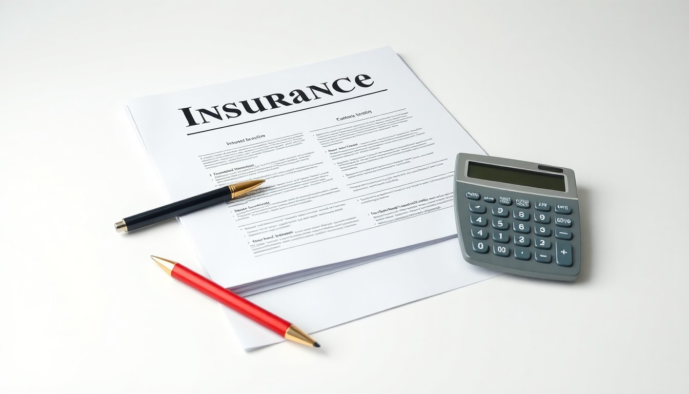A minimalist studio still life featuring a stack of insurance documents, a pen, and a calculator arranged on a clean white background, conceptually representing the abstract ideas of financial planning and consumer education around insurance policies.