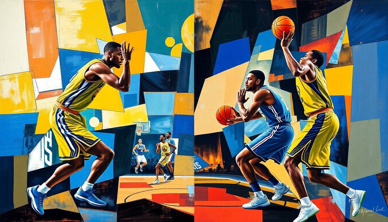 A fractured, multi-perspective painting featuring abstract geometric shapes and planes of color, representing the intensity and drama of a basketball game between two teams fighting for their playoff lives.