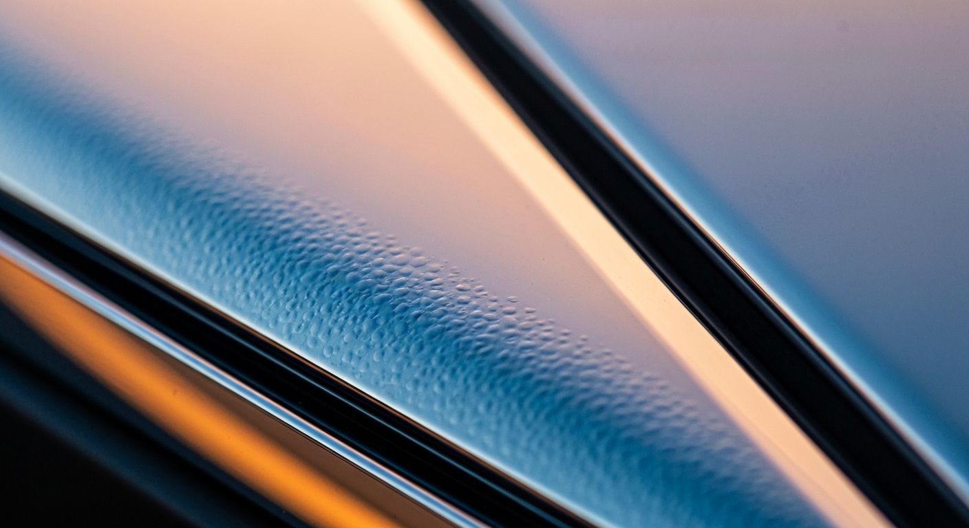 An extreme close-up photograph of the chrome trim on a new car, capturing the intricate pebbled texture and reflecting warm, golden light, conceptually representing the changing ownership and consolidation of local automotive dealerships.