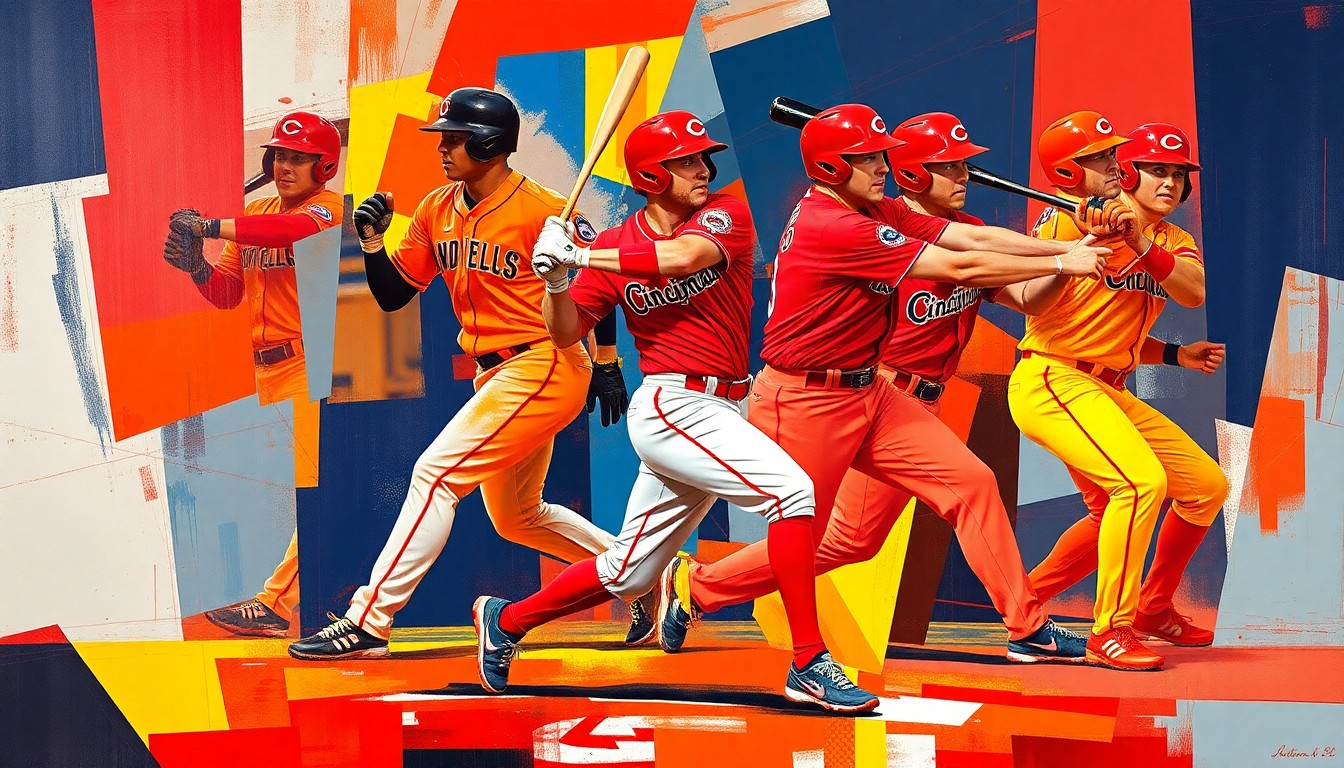 A fractured, cubist-style painting depicting the dynamic movements of Cincinnati Reds shortstop Elly De La Cruz, with sharp geometric planes in the team's colors of red, orange, and navy blue capturing his power at the plate and speed on the basepaths.