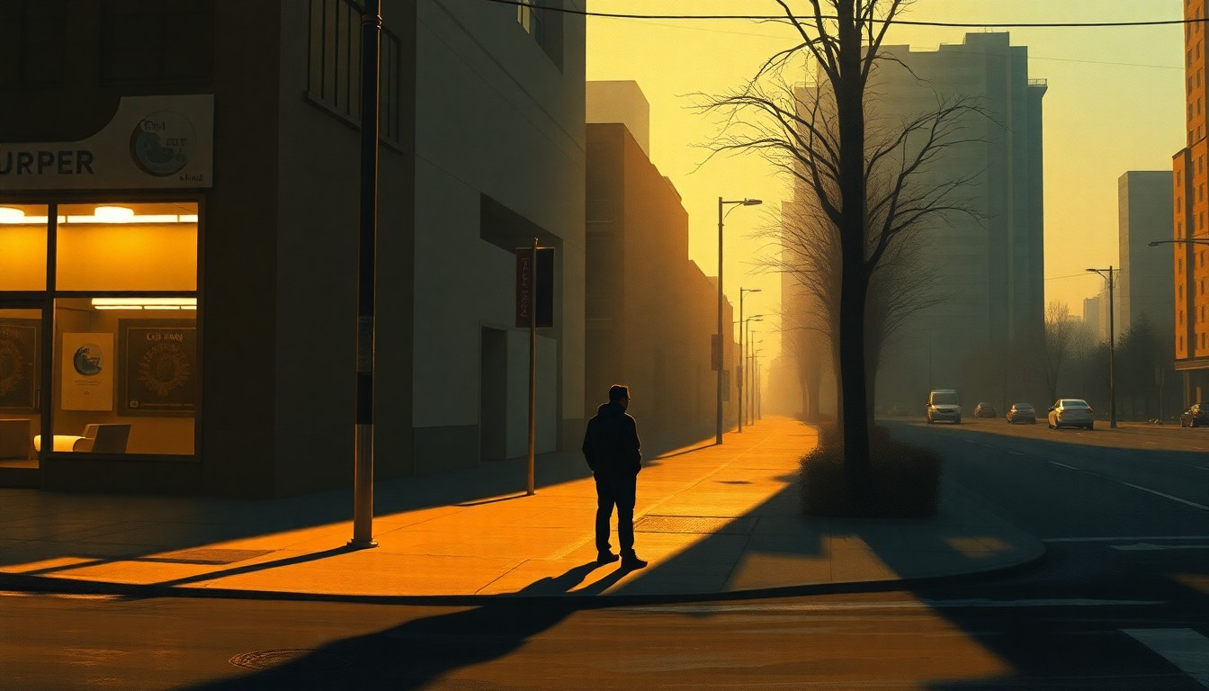 A serene, photorealistic painting of a lone Latino person standing on a dimly lit urban street corner, their face partially obscured by shadows, conveying a sense of isolation and vulnerability in the face of rising hate.