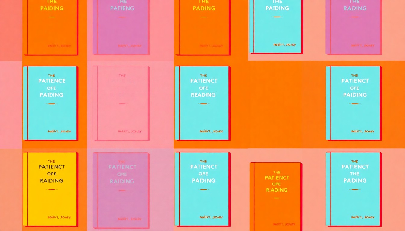 A bold, colorful grid of a simple book cover design repeated in a pop art style, conceptually representing the themes of patience, discovery, and the joy of reading.