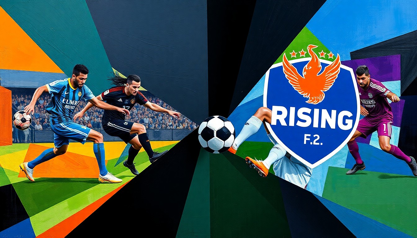 An abstract, cubist-style painting depicting the dynamic action of a soccer match, with angular, overlapping geometric shapes in shades of blue, black, white, purple, and orange representing the players and ball.