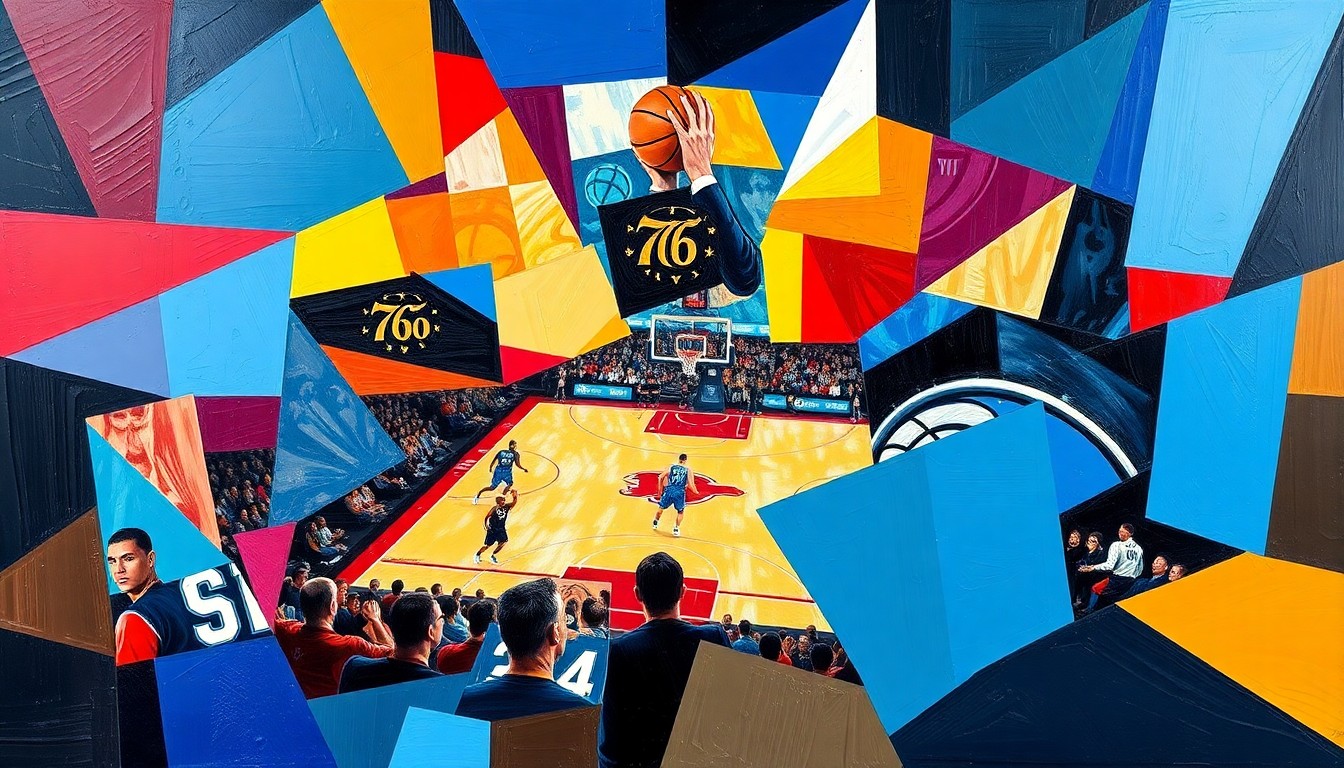 A cubist, geometric painting depicting a basketball game in progress, with sharp, overlapping planes of color representing the dynamic action on the court.