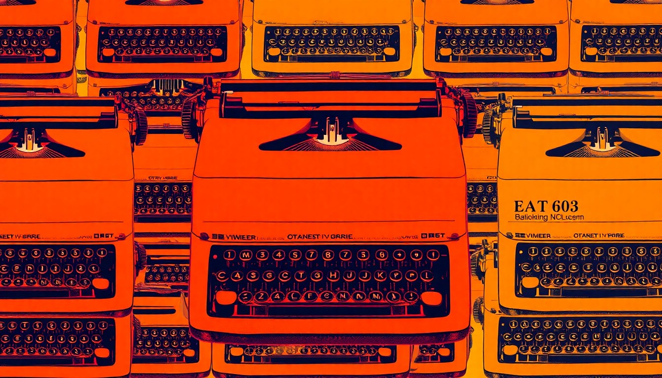 A brightly colored, high-contrast silkscreen print of a vintage typewriter repeated in a tight grid pattern, conceptually representing the humorous and thoughtful observations found in the new book.