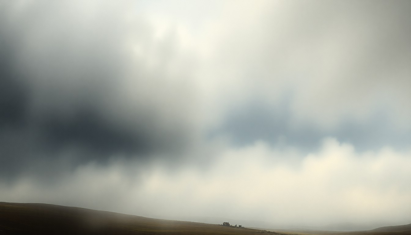 A sweeping, atmospheric landscape painting in muted tones, with a heavy fog obscuring the horizon and dwarfing any visible structures, conveying the overwhelming scale and power of the natural world.