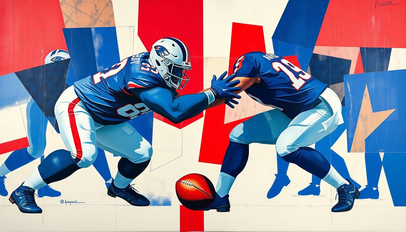 A cubist-style painting depicting an offensive lineman blocking an edge rusher, with the figures broken down into sharp, overlapping geometric shapes in navy blue, red, and white colors, capturing the dynamic action of an NFL play.