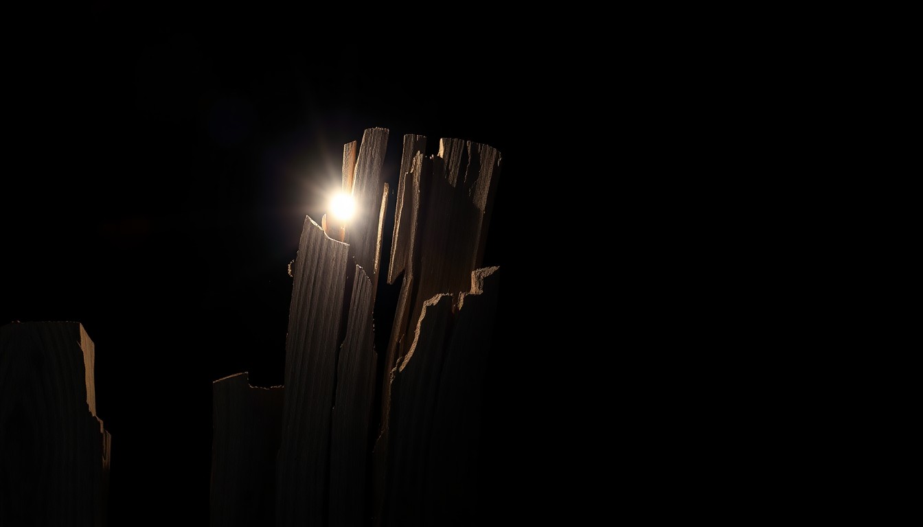 An extreme close-up photograph of a twisted, splintered playground fence post, captured with a harsh, direct camera flash against a pitch-black background, conceptually illustrating the sudden and unexpected danger of a vehicle crashing into a public space.