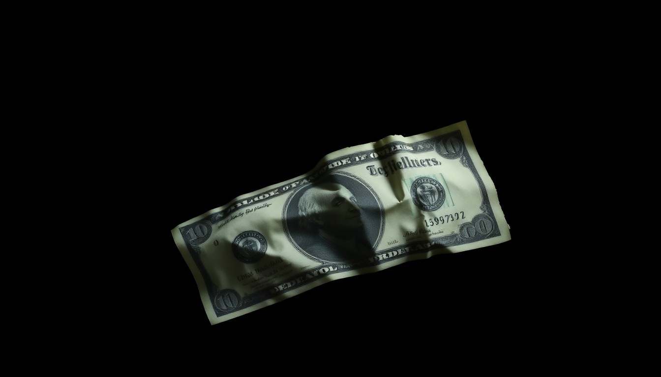 An extreme close-up photograph of a crumpled $20 bill against a pitch-black background, the tattered edges and worn texture conceptually representing the aftermath of a bank robbery.