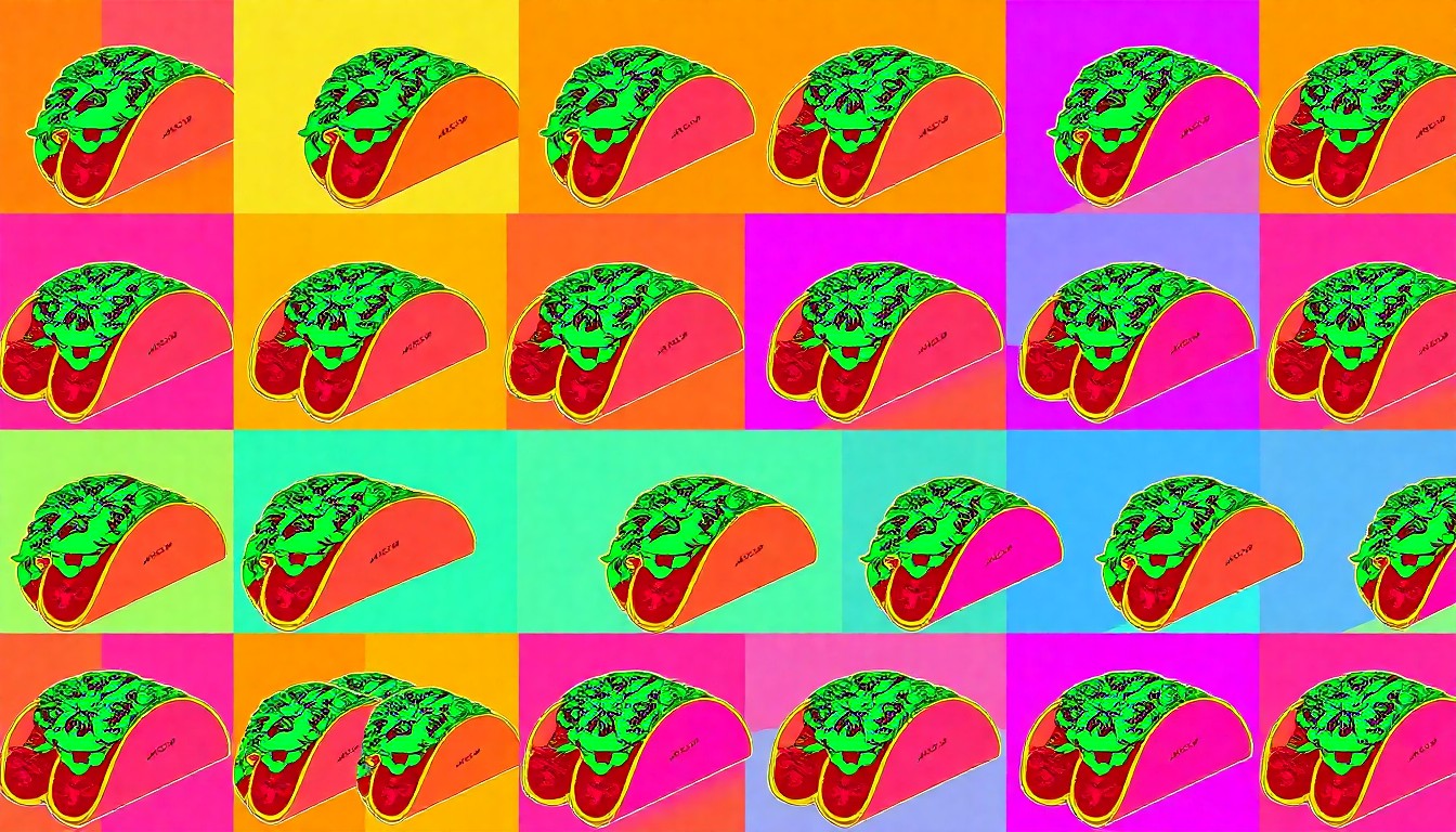A high-contrast silkscreen print of a single taco or cocktail item from Dirty Taco and Tequila, repeated in a tight grid pattern and rendered in a neon color palette, conceptually representing the restaurant's creative fusion cuisine and energetic atmosphere.
