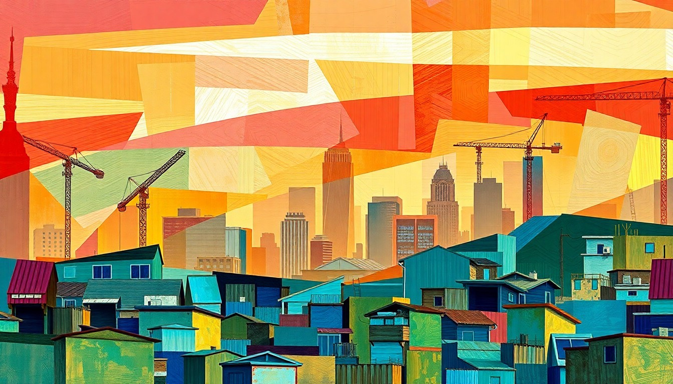 A vibrant, abstract painting in overlapping geometric shapes and brushstrokes of orange, yellow, and red, depicting the dynamic changes to a city skyline with cranes and construction, conceptually representing the tensions over California's new housing policies.