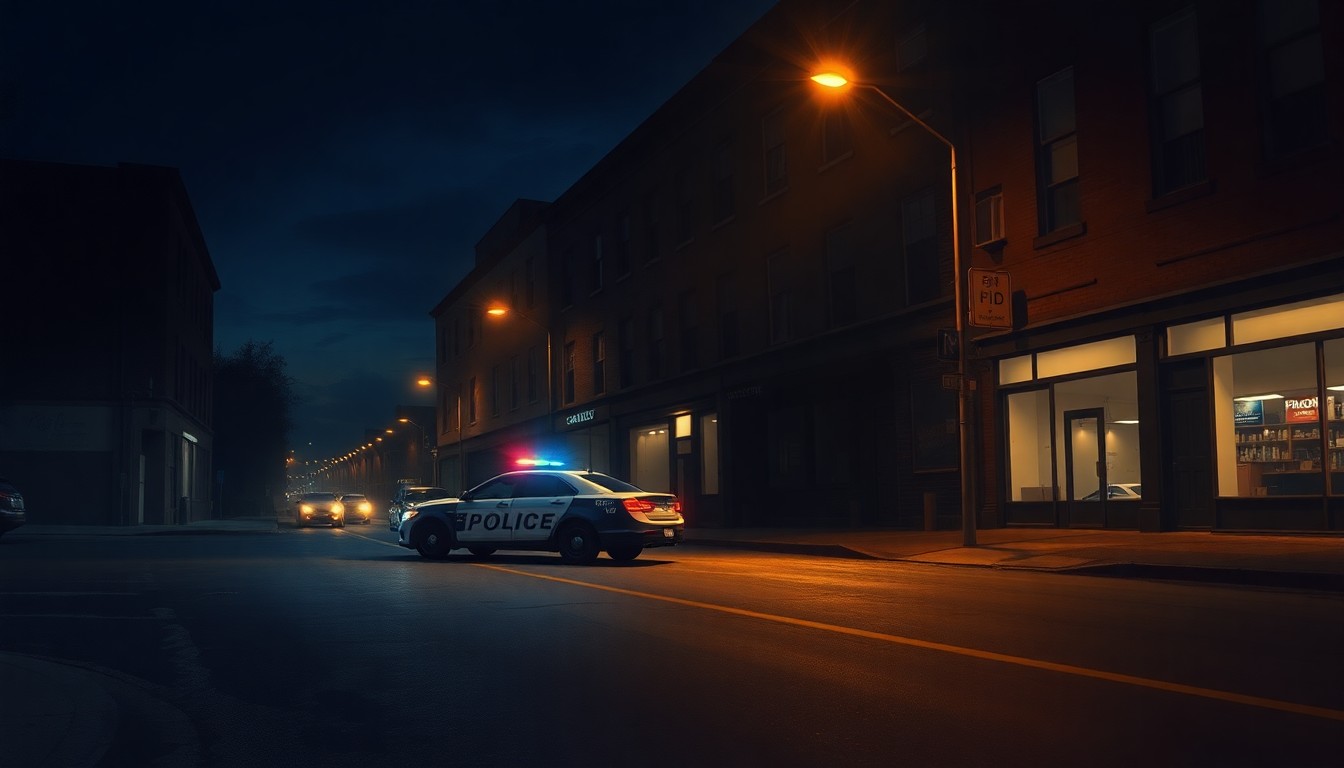 A realistic oil painting of a lone police car parked on a city street at night, with warm streetlights casting long shadows and a sense of quiet contemplation.
