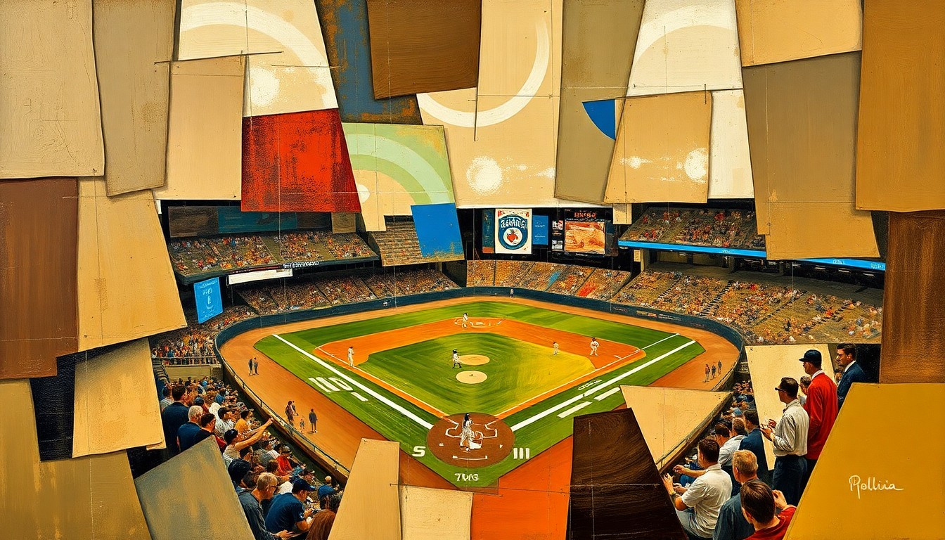 A cubist, geometric painting depicting a baseball game in progress, with the players and field fragmented into overlapping, angular shapes in muted earth tones accented by flashes of bright blue and red.