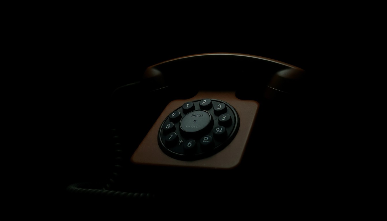 An extreme close-up photograph of a vintage telephone handset against a pitch-black background, the harsh lighting and high contrast creating a gritty, investigative aesthetic that conceptually represents the urgent nature of emergency communications.