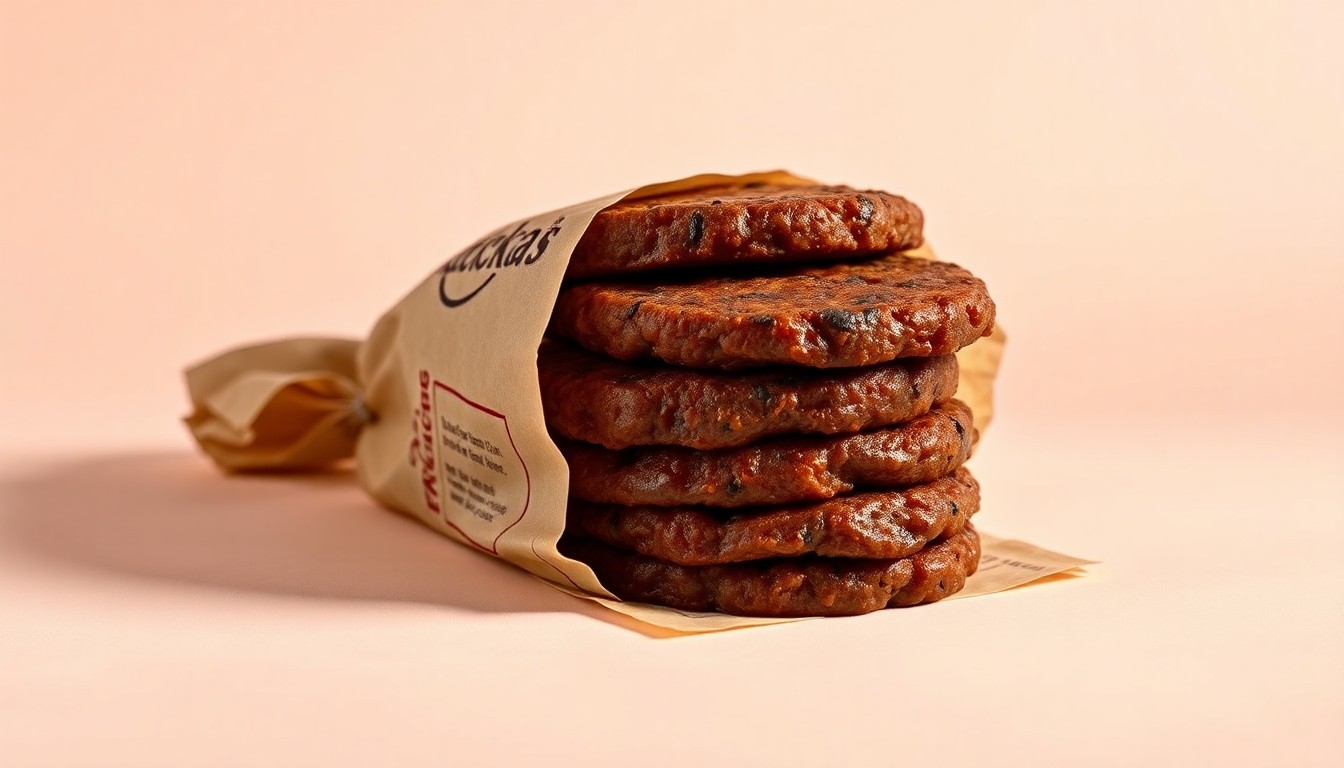 A high-end, photorealistic studio still-life photograph featuring a stack of premium-quality barbecue pork patties wrapped in butcher paper, resting on a clean, monochromatic background and illuminated by dramatic studio lighting.