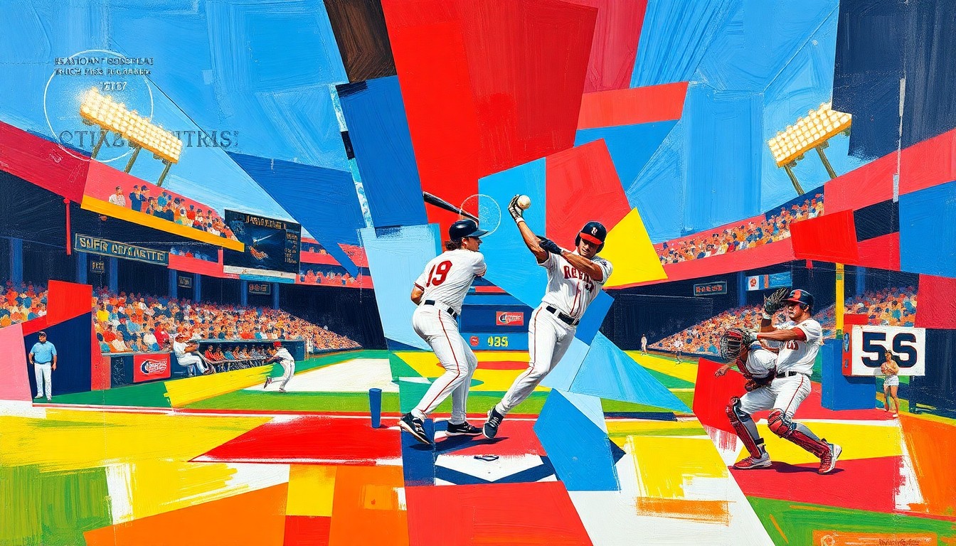 A cubist, geometric painting depicting the dynamic movements of a baseball player, with overlapping planes of bright colors representing the energy and excitement of the sport.
