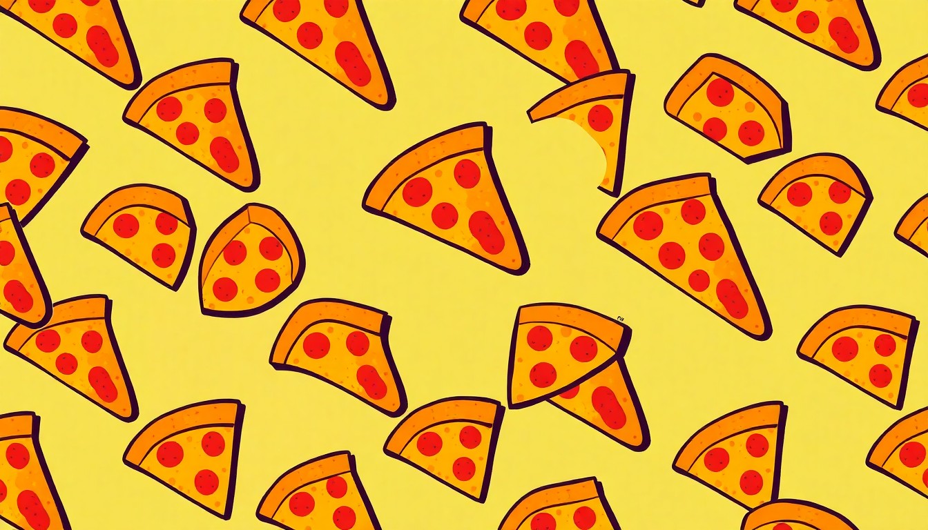 A bold, colorful silkscreen print featuring a single, iconic pizza slice repeated in a tight grid pattern, rendered in a vibrant neon color palette with heavy black outlines, capturing the everyday pizza as modern pop art.