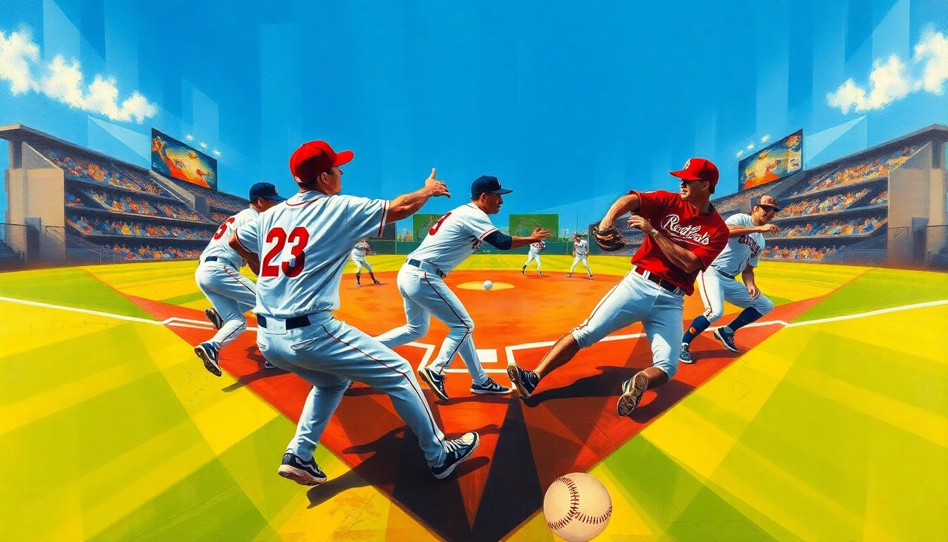 A fractured, multi-perspective painting depicting the chaotic energy and movement of a baseball infield play, with sharp geometric planes in vibrant colors like cobalt blue, crimson red, and golden yellow, conceptually representing the mental demands of the shortstop position.