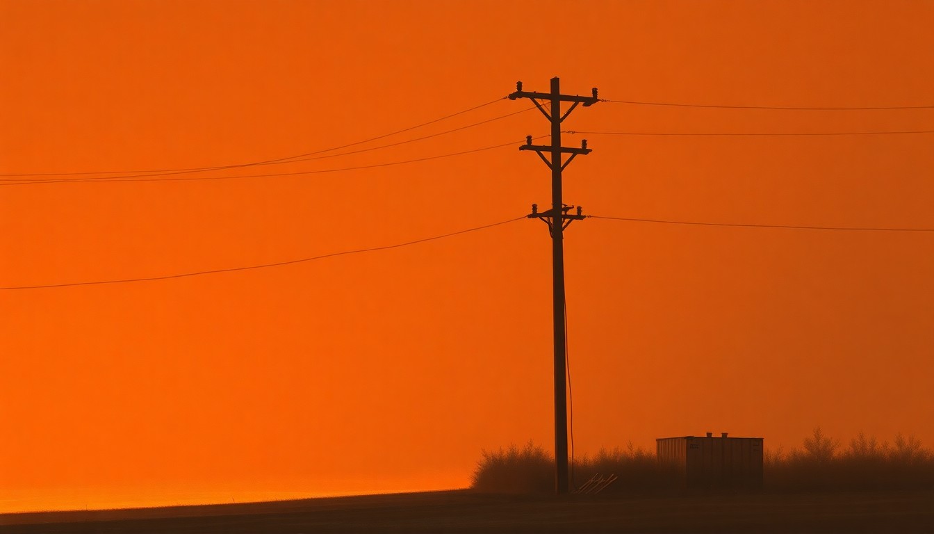 A serene, cinematic painting depicting a lone power line pole or electrical substation, its surfaces illuminated by warm, angled sunlight and cast in deep shadows, conceptually representing the tension between environmental policies and economic concerns.