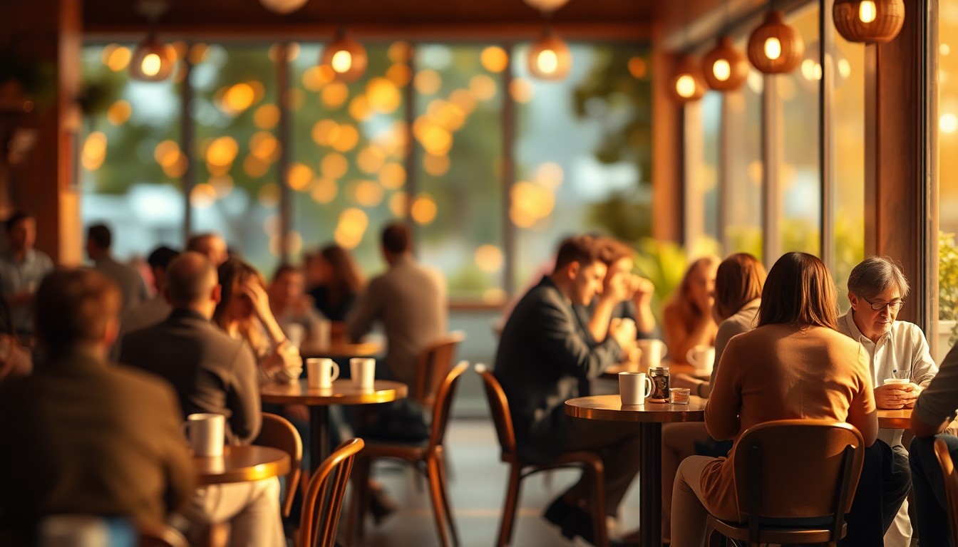 An out-of-focus photograph of people gathered around small tables in a cozy cafe, with the background blurred into abstract pools of warm, golden light, conceptually representing the welcoming energy of a community event.