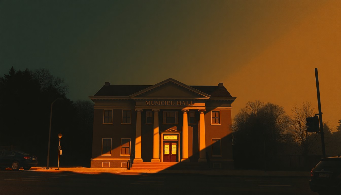 A serene, photorealistic painting of a municipal building in a small California town, with warm sunlight casting long shadows across the facade and surrounding landscape.