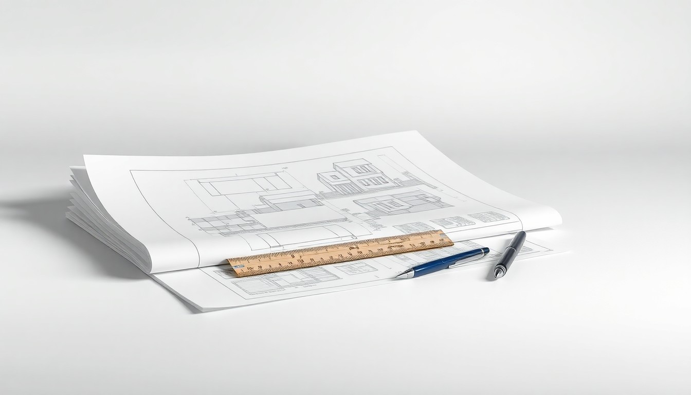 A photorealistic studio still-life featuring a stack of architectural blueprints, a ruler, and a pen on a clean, monochromatic background, symbolizing the planning and design process behind affordable housing development.
