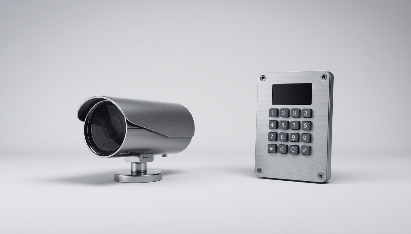 A photorealistic studio still life featuring a sleek security camera lens and keypad control panel arranged elegantly on a clean, monochromatic background, representing the abstract concepts of corporate security and technological innovation.