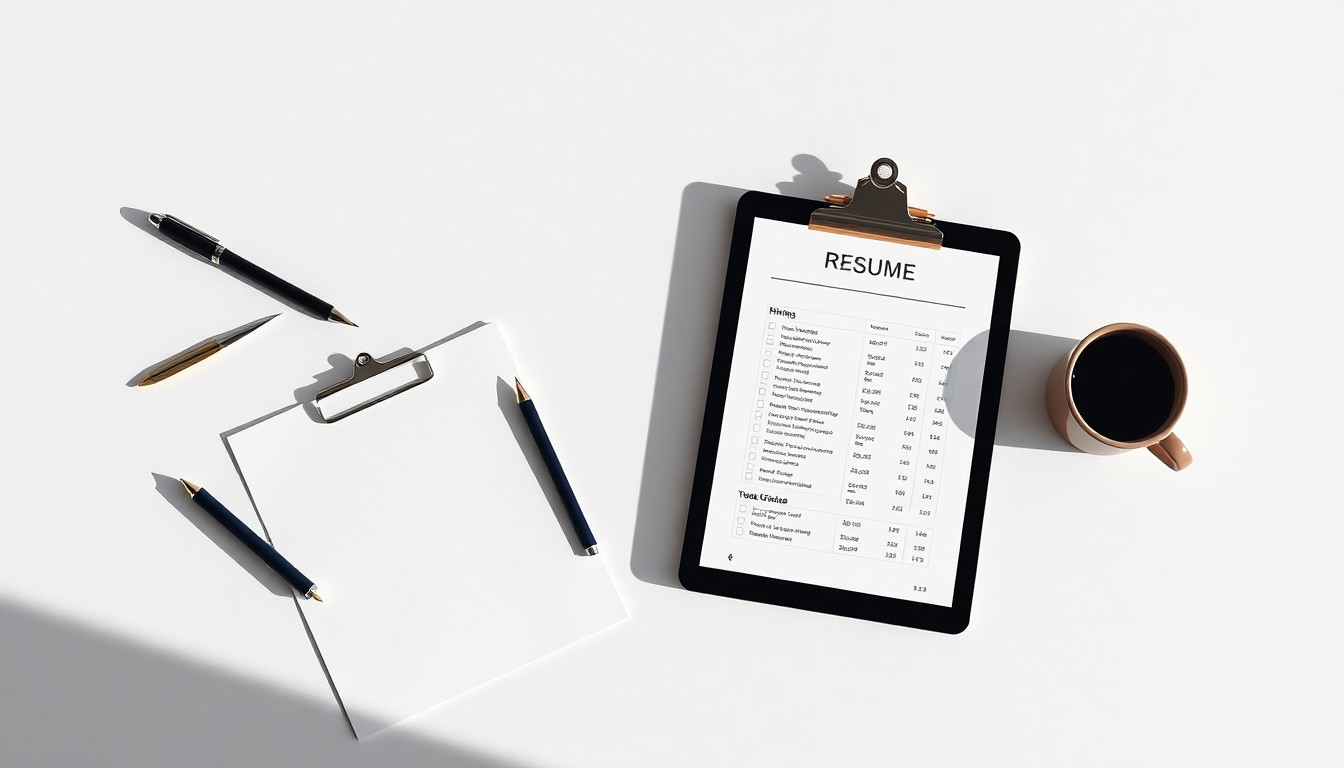 A high-end, photorealistic studio still-life photograph featuring a clean, monochromatic background with a carefully arranged set of premium office supplies and hiring-related objects, such as a pen, a clipboard, a resume, and a tablet displaying test results, all lit dramatically with sharp shadows to represent the abstract concepts of hiring, evaluation, and data-driven decision-making.