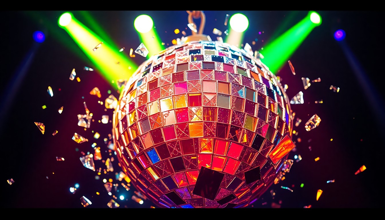An extreme close-up photograph of the shattered, glittering surface of a disco ball, with beams of colorful stage lights reflecting off the fragmented glass, capturing the dynamic, high-energy atmosphere of a local music venue.